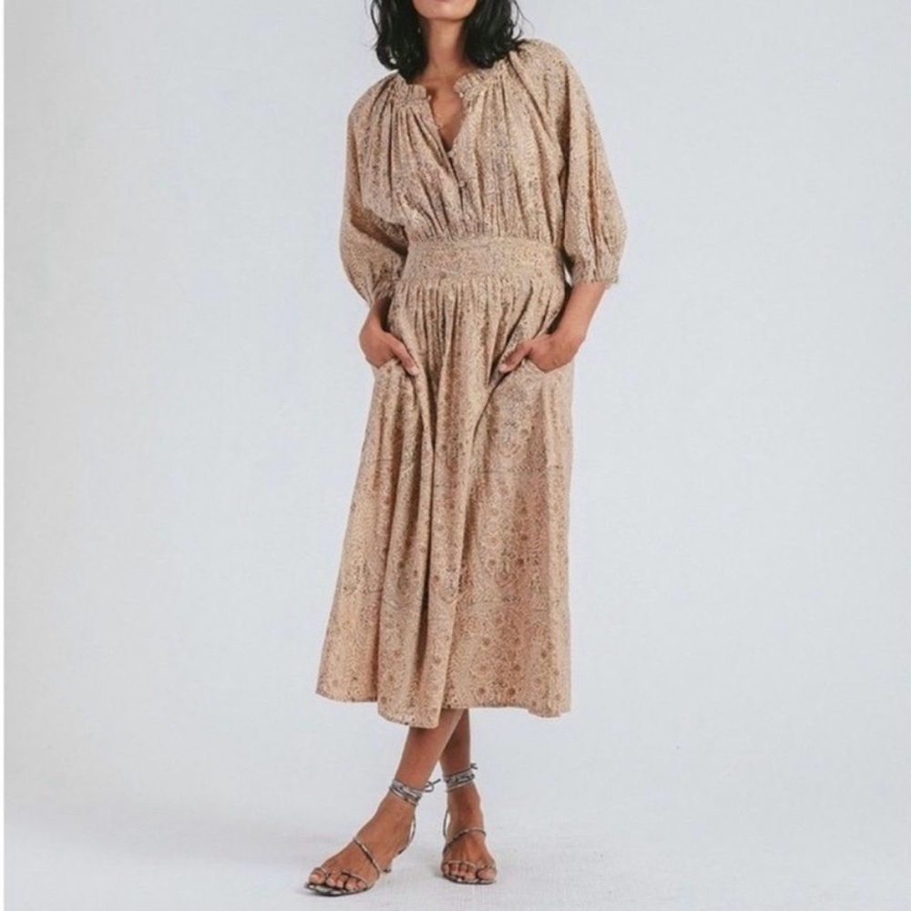 Cleobella Beige Floral Smocked Waist Midi Dress